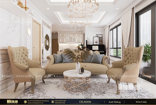 Thiết kế nội thất phòng khách bếp tân cổ điển căn Emerald Celadon City 106m2 - NBX400